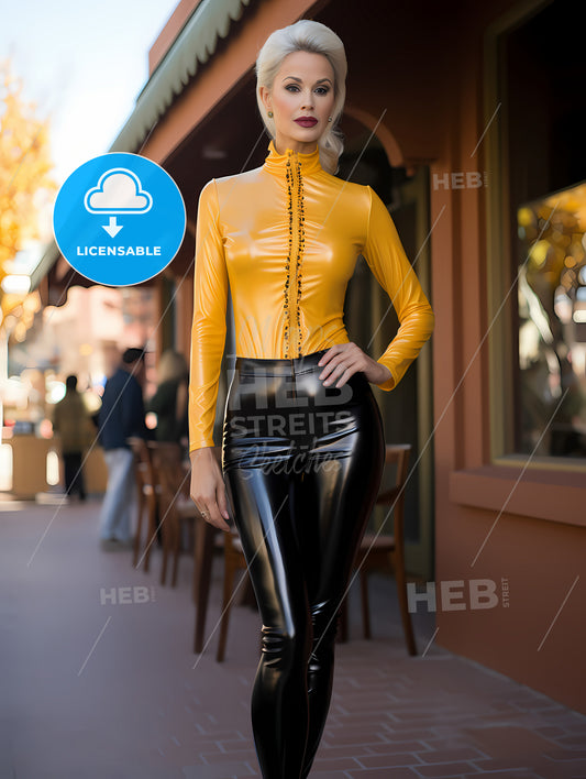 Beautiful Upright Standing Lady, A Woman In A Yellow Shirt And Black Pants