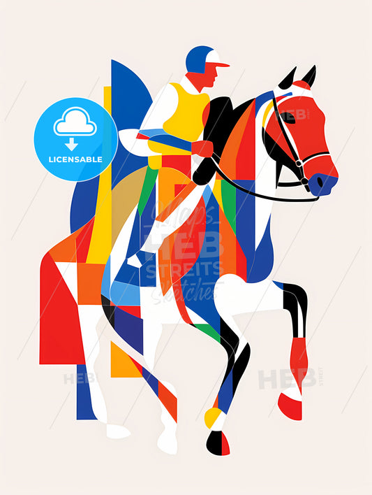 Minimalist Horse Rider Line Art, A Colorful Horse With Jockey On It