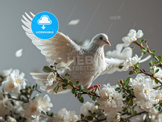 White Dove Flying, A White Bird On A Branch With White Flowers