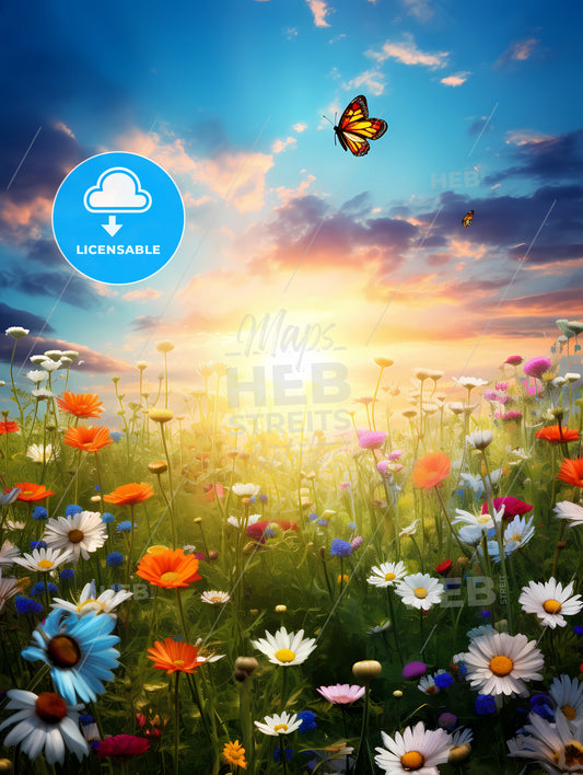 A Meadow Full Of Flowers, A Butterfly Flying Over A Field Of Flowers