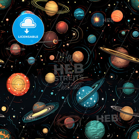 Cosmic Space Seamless Pattern, A Pattern Of Planets And Stars