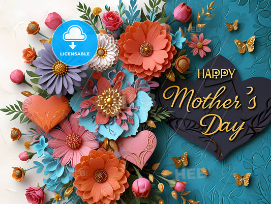Happy Mother's Day Greeting Card, A Colorful Paper Flowers And Butterflies