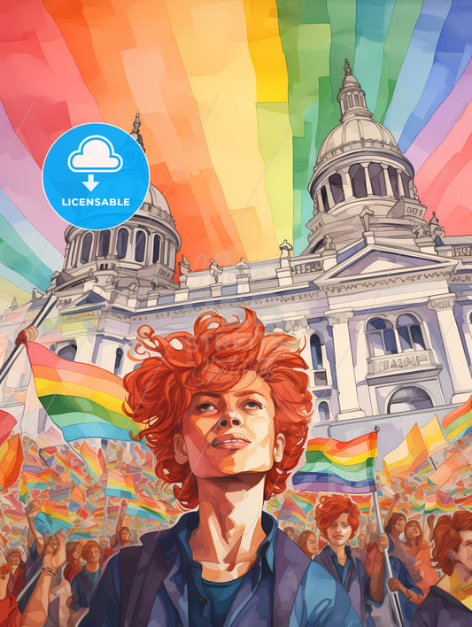 Lgbt Pride Illustration, A Woman With Red Hair And Rainbow Flag In Front Of A Building