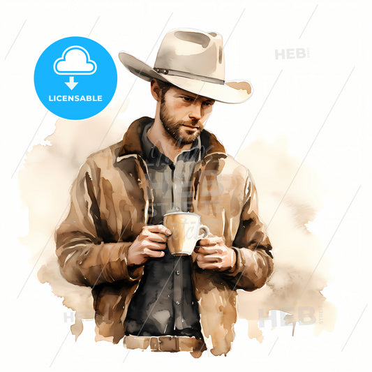 Cowboy Drinking Coffee, A Man Wearing A Cowboy Hat Holding A Coffee Cup