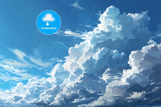 An Illustration Of A Blue Sky, A Large White Clouds In A Blue Sky