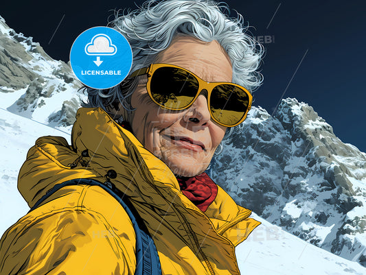 Cartoon Of Grandma Skiing, A Woman Wearing Sunglasses And A Yellow Jacket