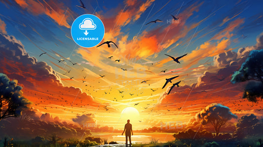 A Painter Is Painting A Beautiful Landscape, A Man Standing In A Field With Birds Flying In The Sky