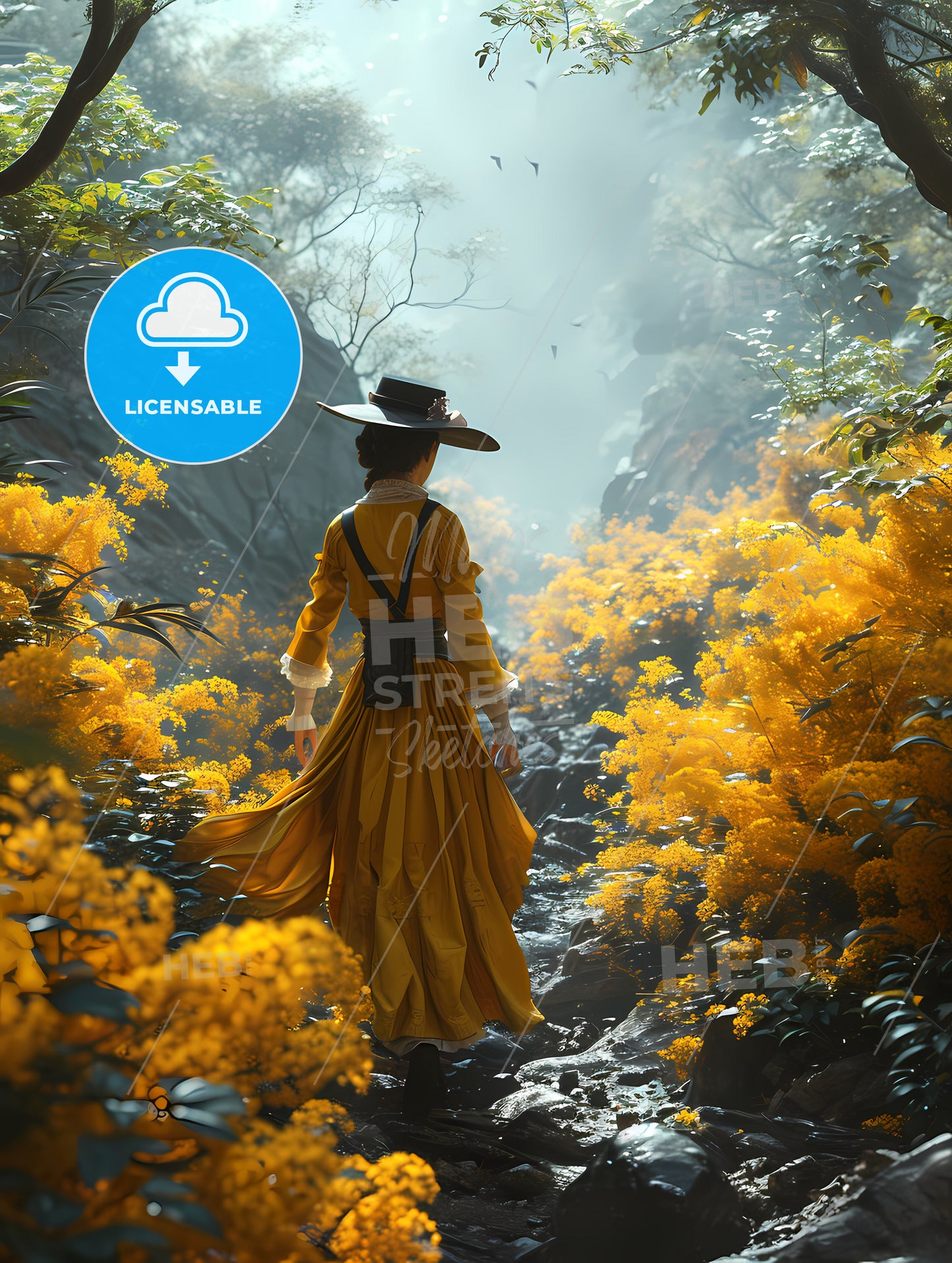 Lady Of The Garden, A Woman In A Yellow Dress Walking Through A Forest