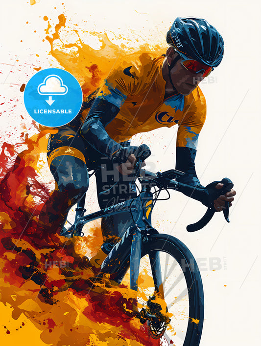 An Art Illustration Of A Triathlon, A Man Riding A Bike In Flames