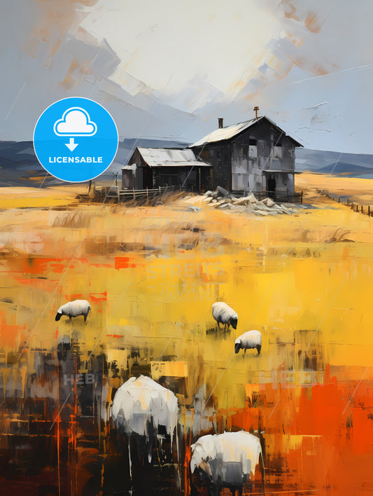 Farm On The Plains Of Obscurity, A Painting Of A House And Sheep Grazing In A Field
