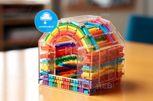 A Gift Box With Rainbow Color Ribbon, A Plastic Building Blocks In A Clear Container