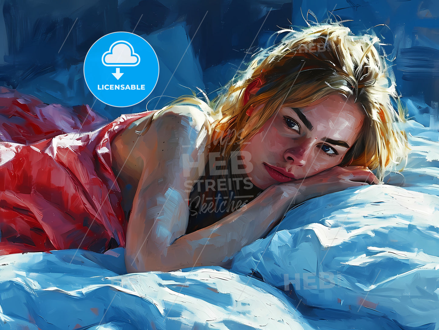 Painted Portrait Of Woman In Bed, A Woman Lying On A Bed