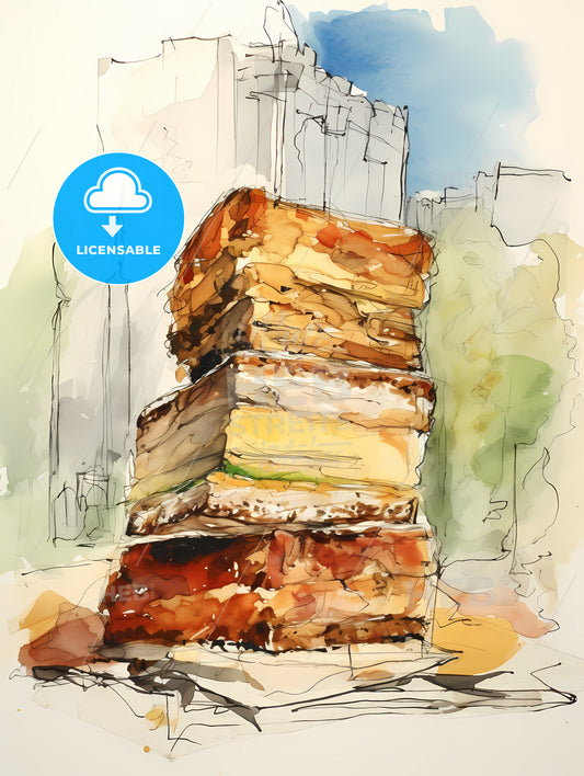 Illustration Of A Sandwich, A Watercolor Of A Large Stack Of Food