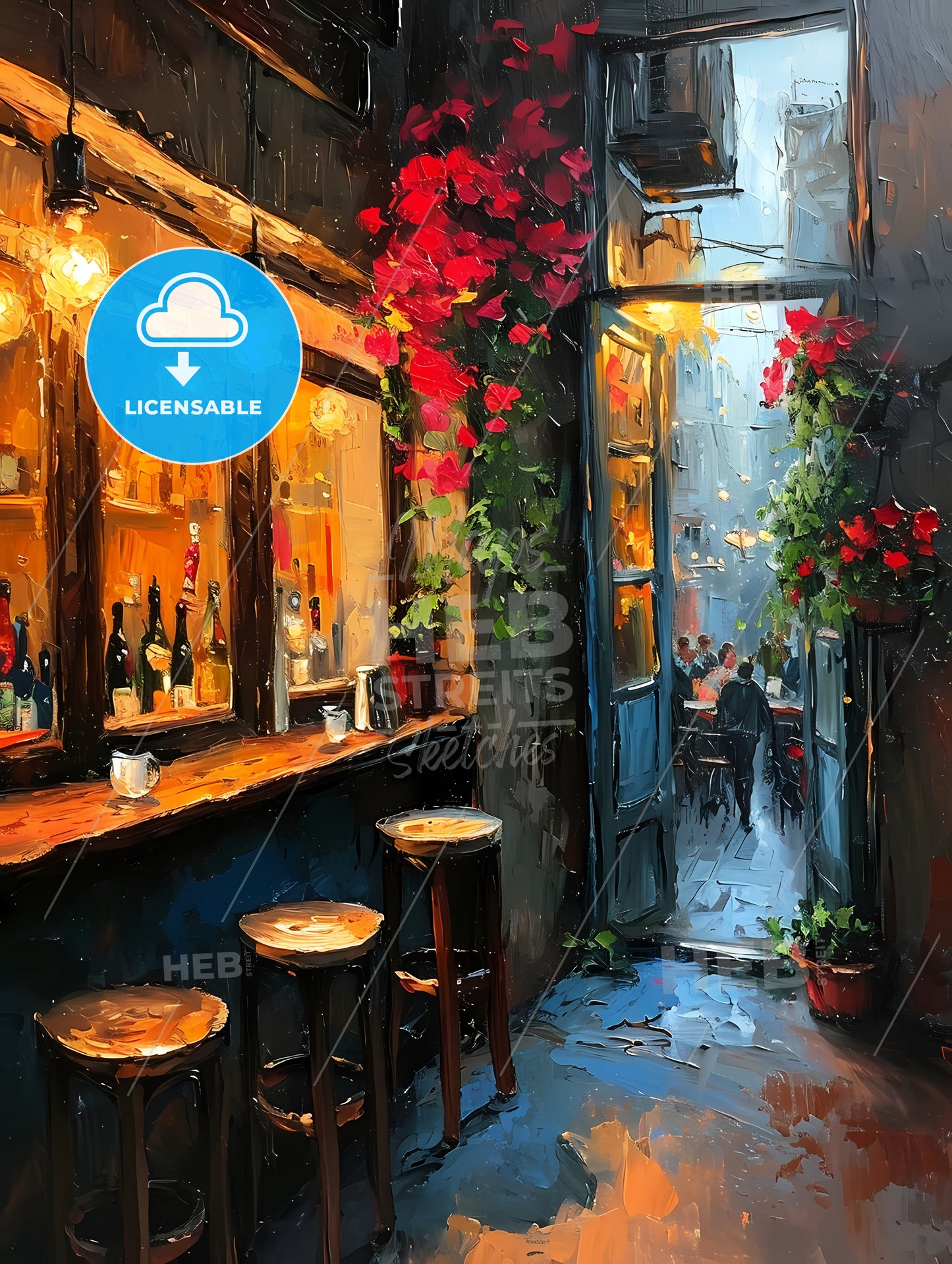 Bar Warm Lamp Windownight, A Painting Of A Bar With Stools And Flowers
