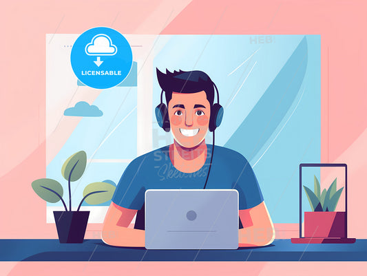 Young Man Working From Home, A Man Wearing Headphones Sitting At A Desk With A Laptop
