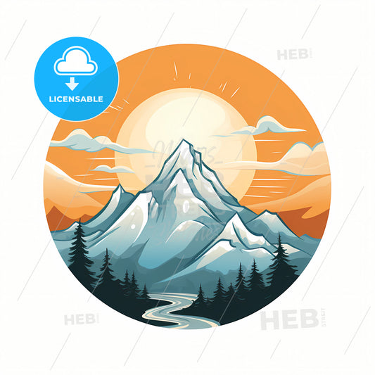 A Mountain View With Sun, A Mountain With Trees And A River In The Background