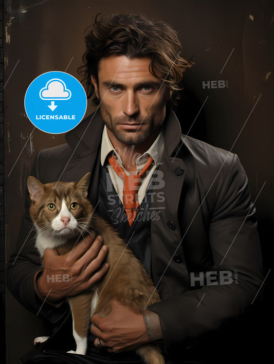 A Painting Of Handsome Man With Cat, A Man Holding A Cat