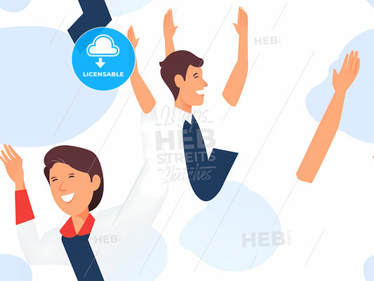 Happy Man And Woman Office Workers, A Cartoon Of People Raising Their Hands