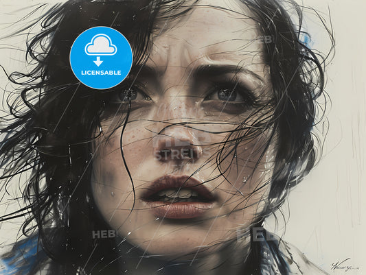 Portrait Of A Woman With An Expressive Face, A Woman With Wet Hair Looking Up