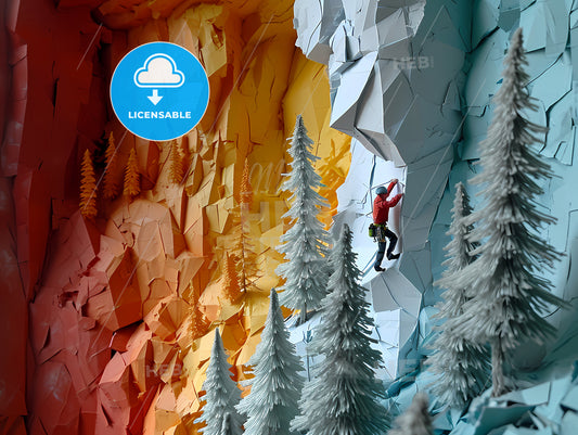 Layered Paper Mountaineering Landscape, A Person Climbing A Rock Wall