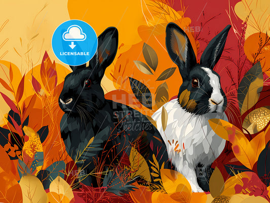 Rabbit Pattern Print, A Black And White Rabbits In A Field Of Leaves