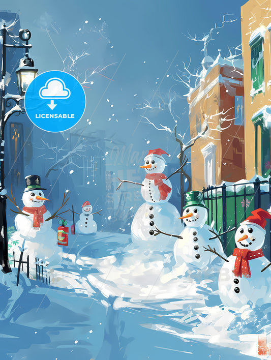 Snowmen With Red Scarfs, A Group Of Snowmen In A Snowy Street