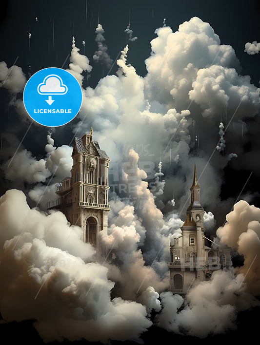 Clouds Are Over A Dark Background, A Building With Towers And Towers In The Clouds