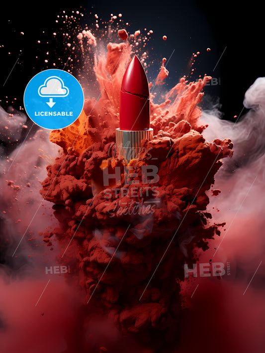 Powerful Explosion Of Red Dust, A Red Lipstick Exploding In Smoke