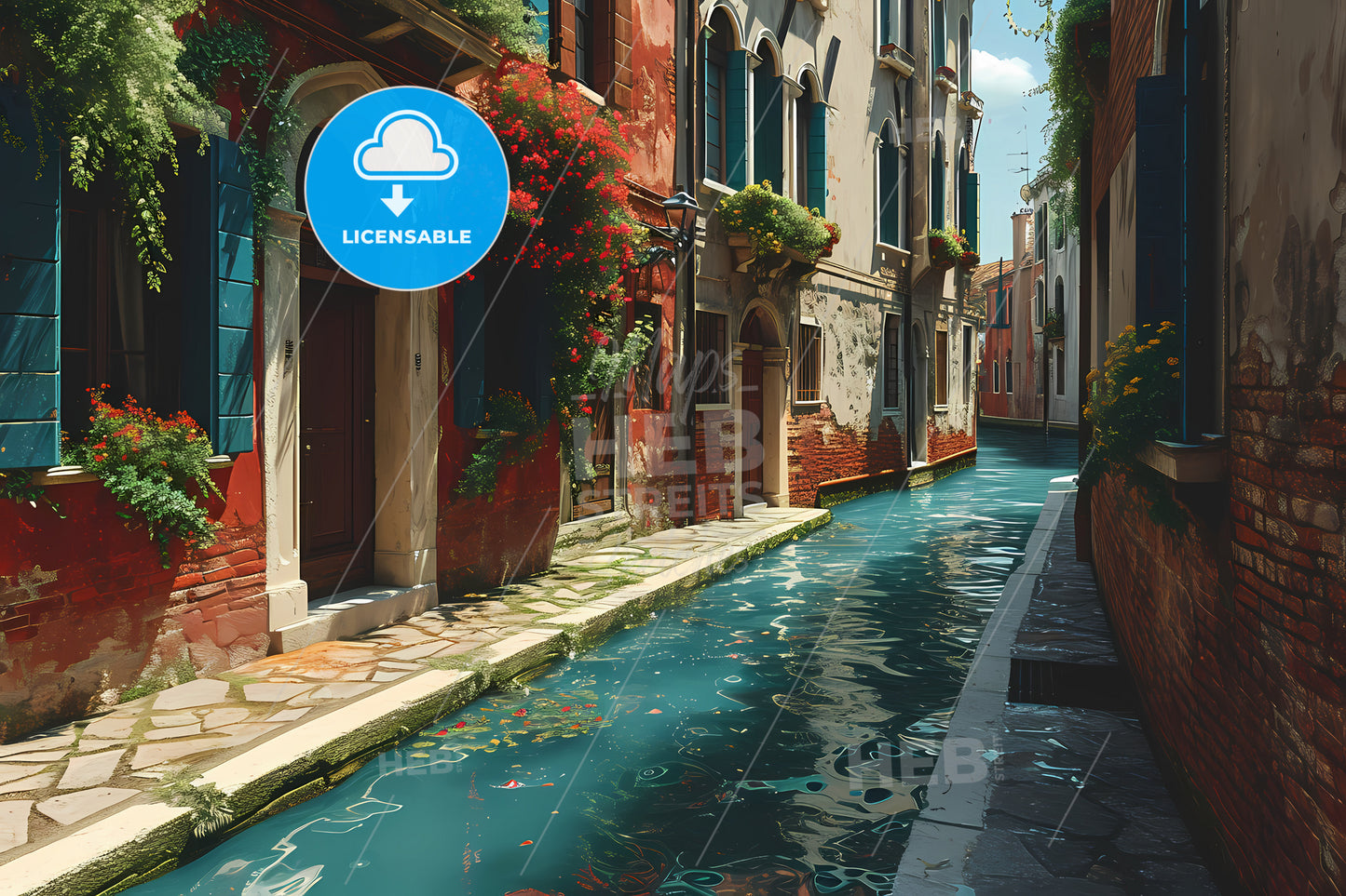 Amazing Venice, A Canal Between Buildings With Plants