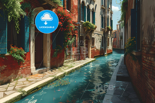 Amazing Venice, A Canal Between Buildings With Plants