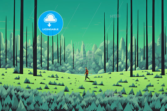 A Green Black Background, A Man Walking In A Forest