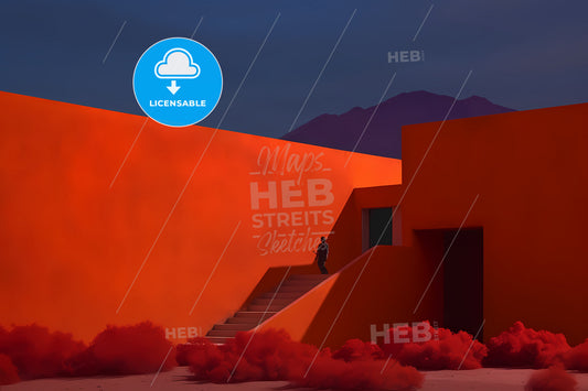 An Orange Colored Background, A Person Walking Up Stairs In Front Of A Building