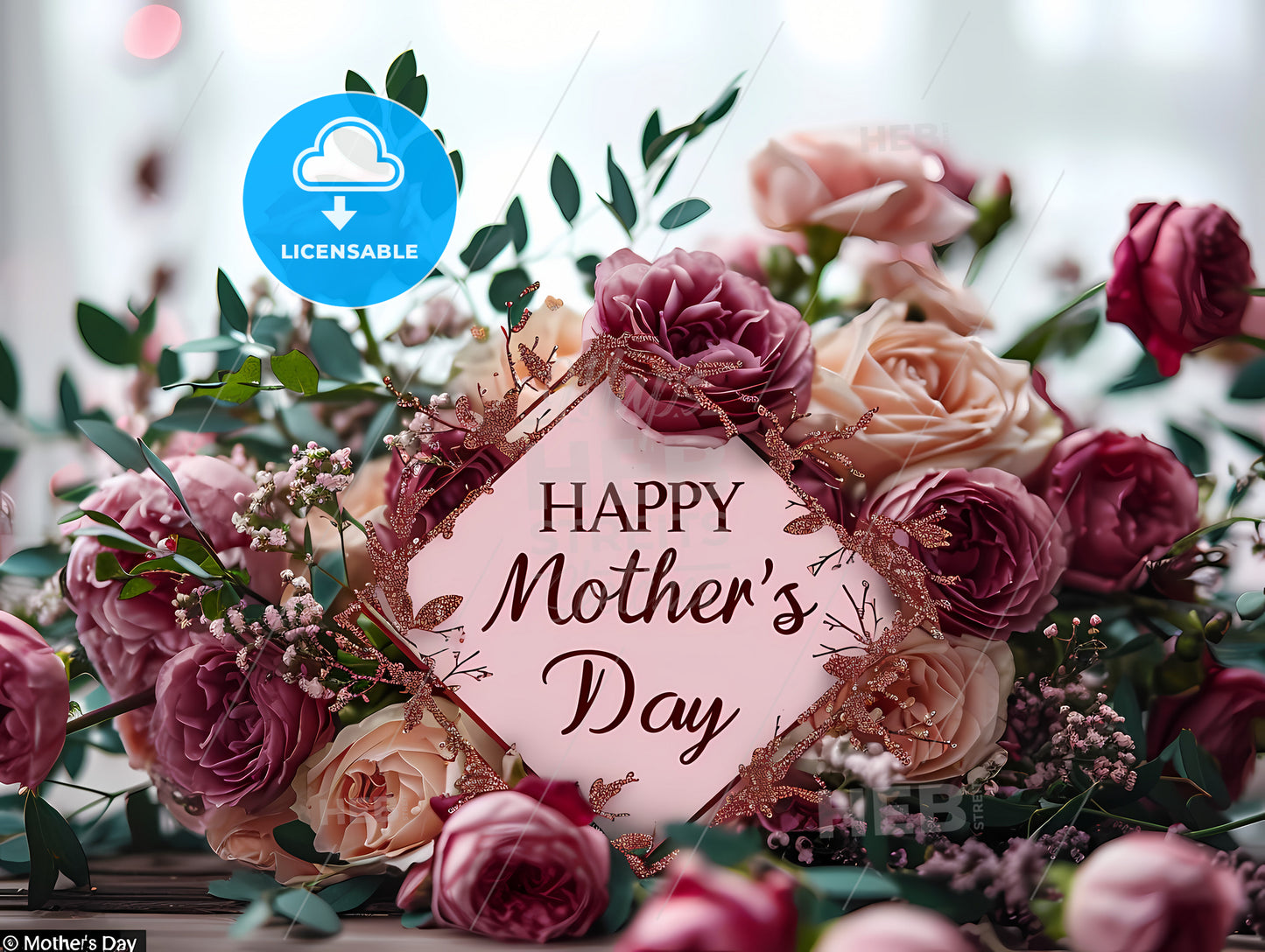 An Image Of A Pink Background, A Bouquet Of Flowers With A Sign