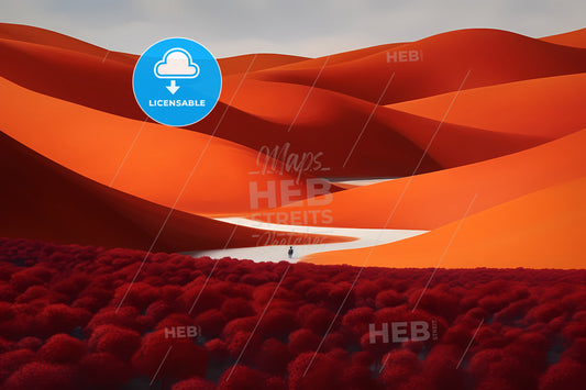 An Orange Colored Background, A Person Walking In A Desert