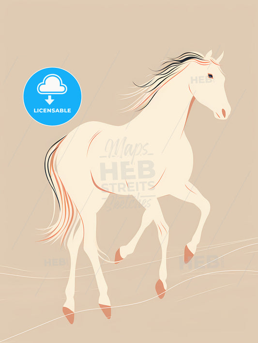 Horse Line Drawing Line Style, A White Horse With Long Mane And Tail