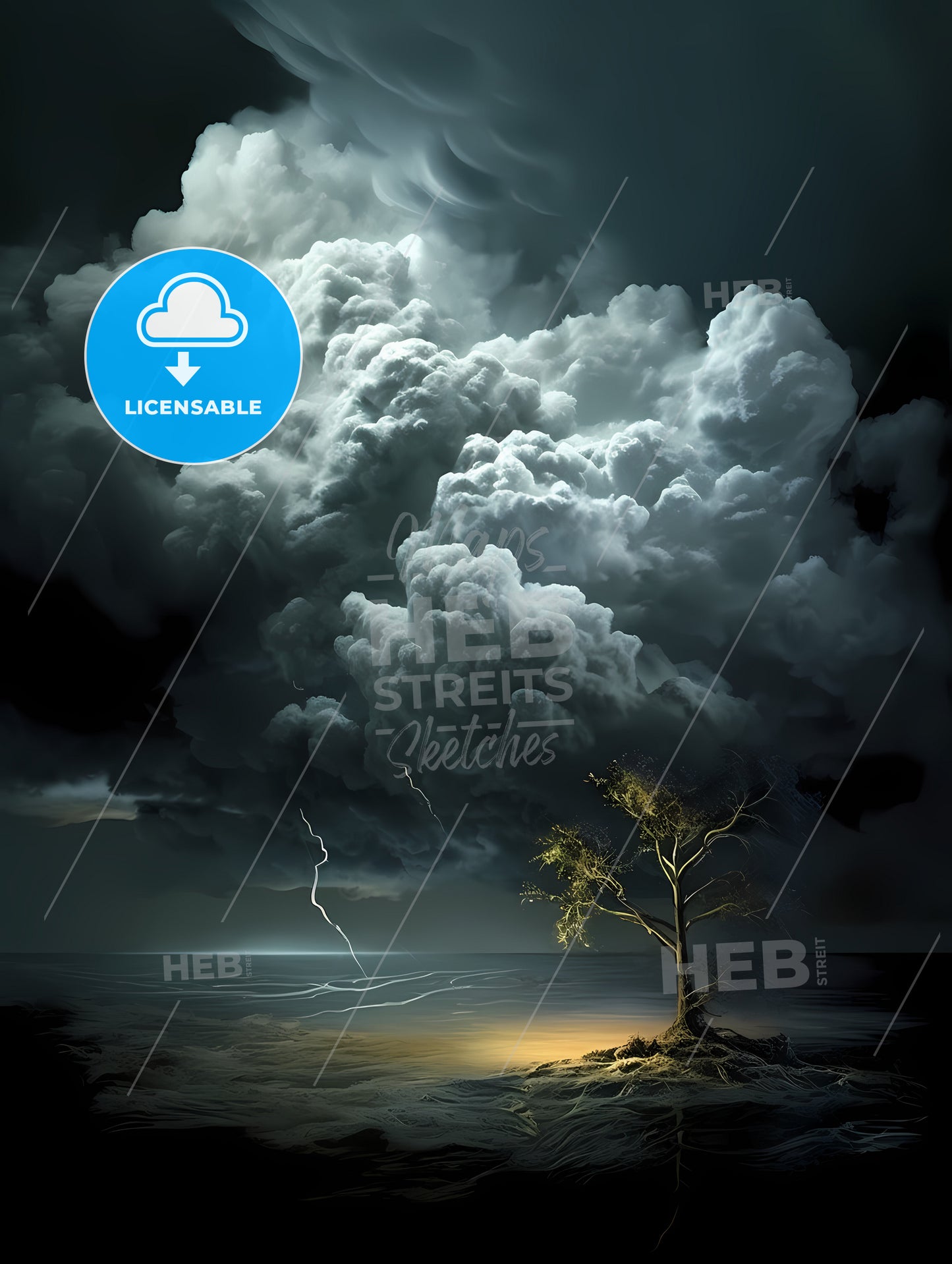 Clouds Are Over A Dark Background, A Tree With A Light Shining On It