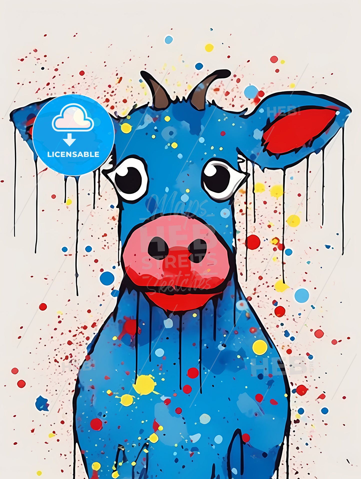 Minimalist Pig Art, A Blue Cow With Red Lips And Horns