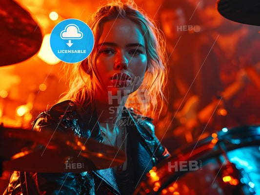 A Beutiful Female Drummer, A Woman Playing Drums In A Room With Lights