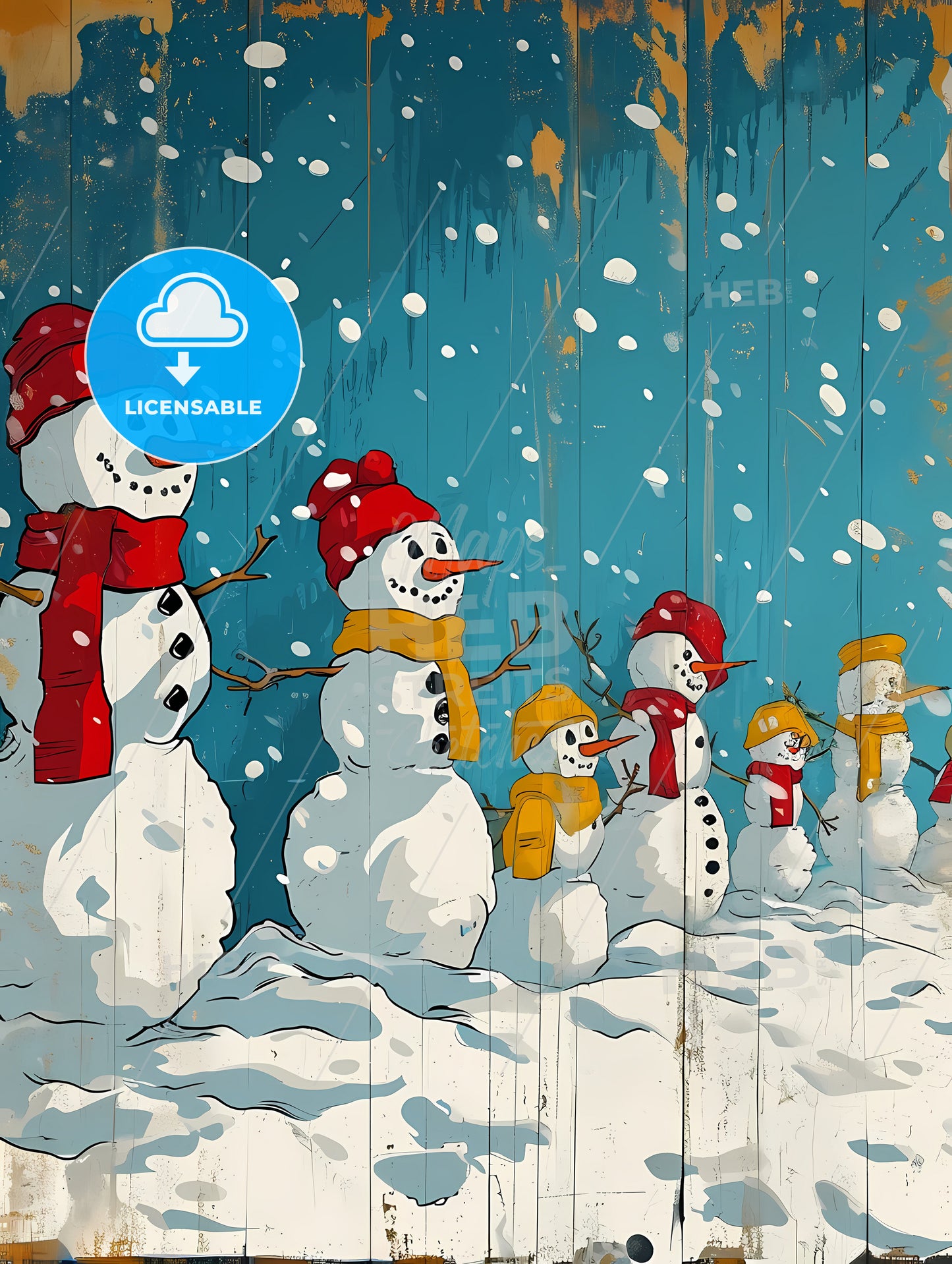 Snowmen With Red Scarfs, A Group Of Snowmen With Hats And Scarves