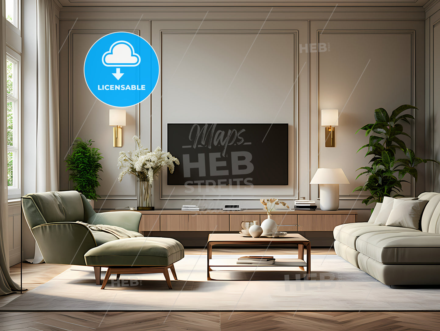 European Minimalist Styleliving Room, A Living Room With A Television And A Couch