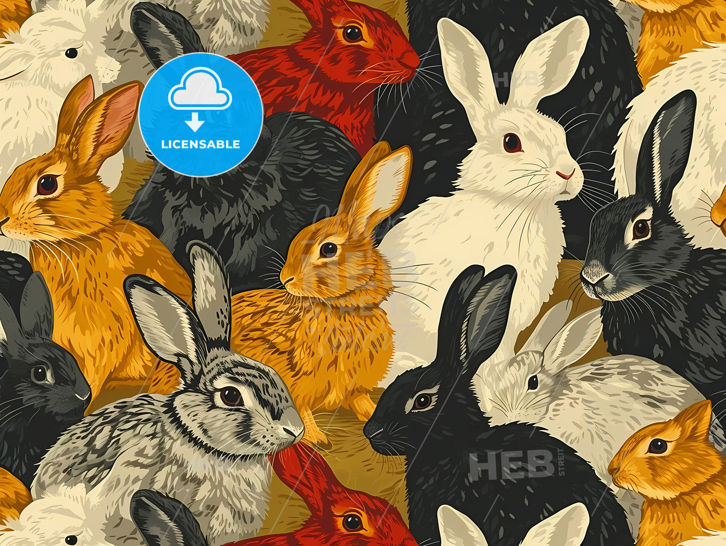 Rabbit Pattern Print, A Group Of Rabbits In Different Colors