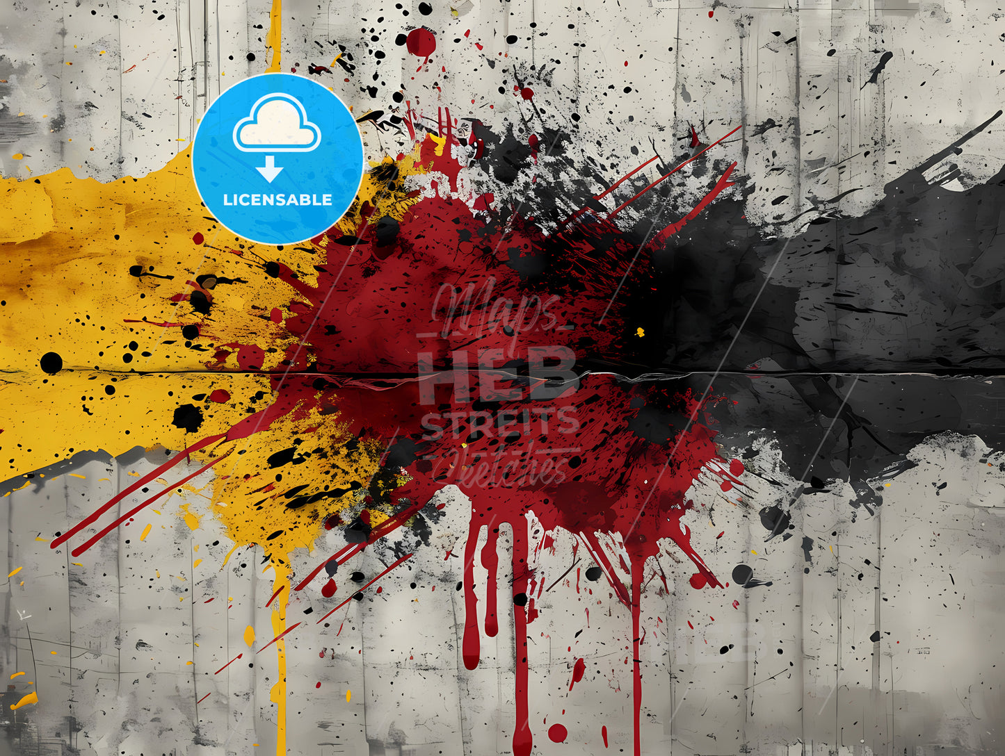 Exploding Red Yellow And Black, A Paint Splatter On A Wall