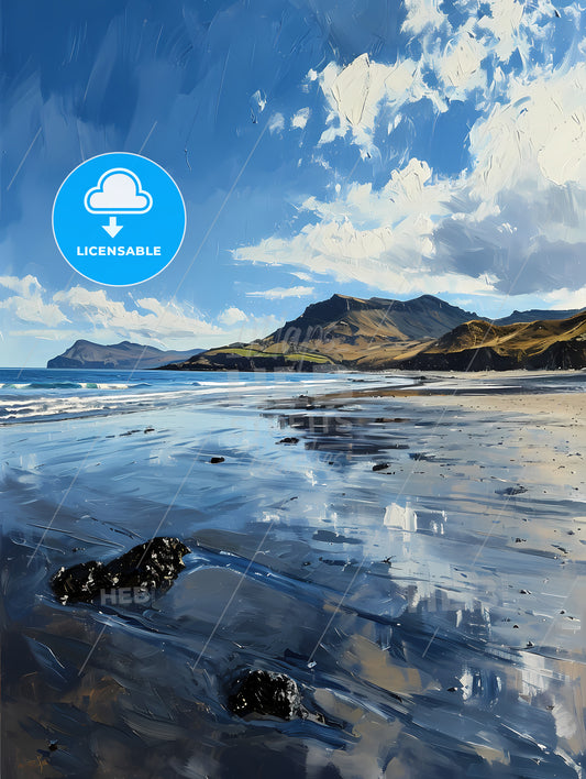 Long Beach Art Sketch With Clear Blue Background, A Beach With Water And Mountains In The Background