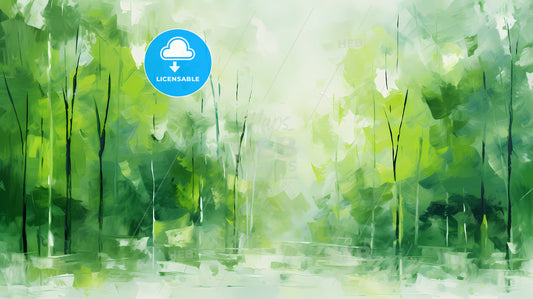 Abstract In Green Forest, A Painting Of Trees In A Forest