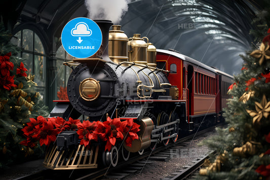 A Photo Of A Christmas Train Riding, A Train On The Tracks