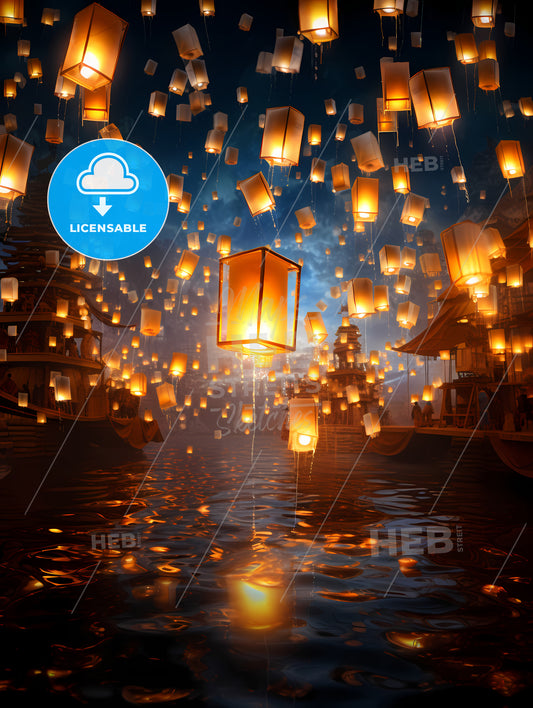 Celebration Scene With 100 Lanterns, Floating Lanterns Floating In The Air
