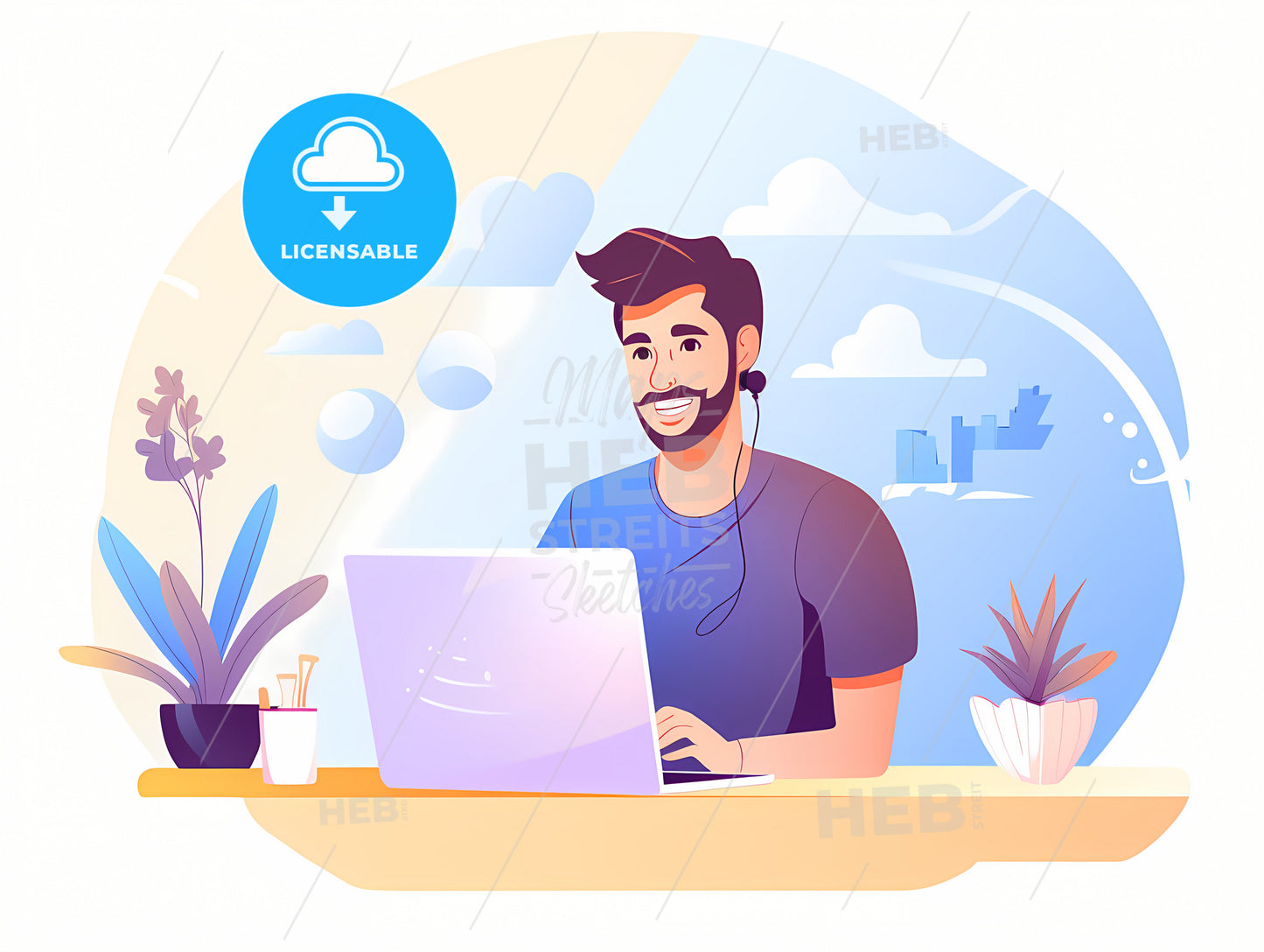 Young Man Working From Home, A Man Sitting At A Desk With A Laptop