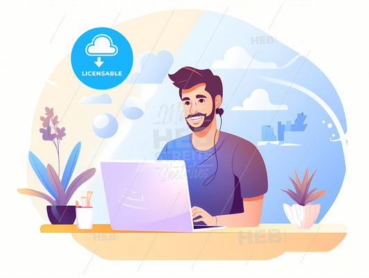 Young Man Working From Home, A Man Sitting At A Desk With A Laptop