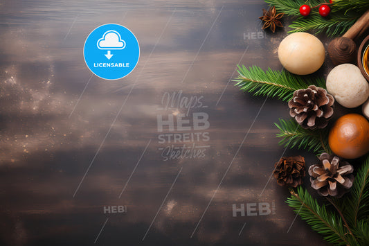 Top View Of Table With Christmas Decor, A Pine Branches And Pine Cones On A Wooden Surface