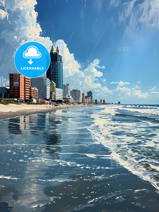 Virginia Beach Virginia Art Sketch, A Beach With A City And Water